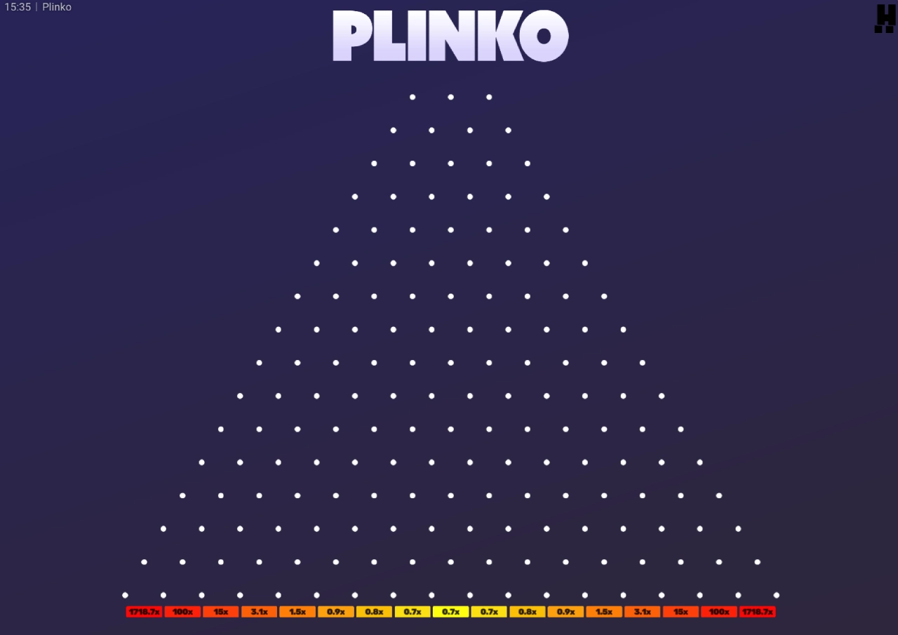 Interfața jocului Plinko cu opțiuni de risc, număr de rânduri și suma pariată, bilele cad pe tablă.